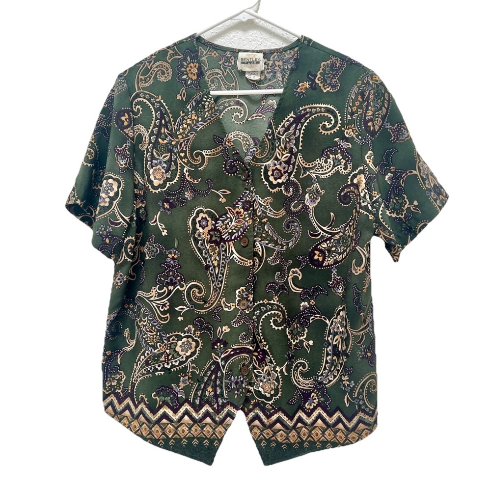 TR‎ Bentley Plus Women's Size 18 Green Paisley Short Sleeve Blouse Vintage